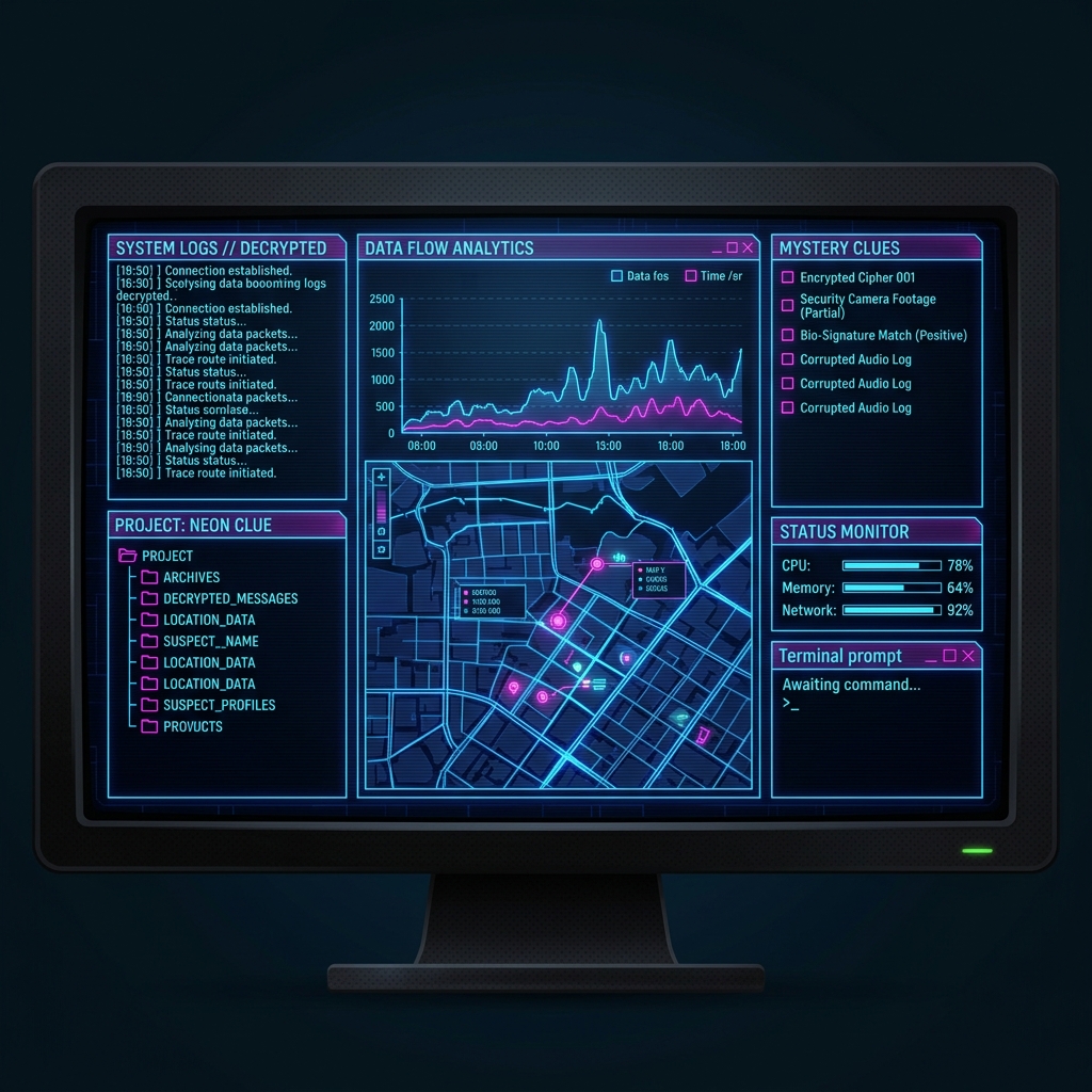 Cyberpunk ARG Detective Terminal Dashboard